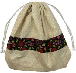 MK Bea Nagy cipós zsák - bézs alapon fehér pöttyös, virágmintás szegéllyel