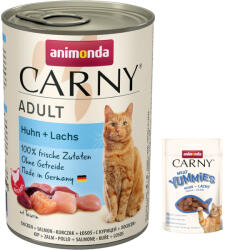 Animonda 6x400 g animonda Carny Adult Csirke & lazac nedves macskatáp+50g animonda Carny Adult Meat Yummies csirke & lazac macskasnack ingyen