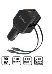Cellect Autós töltő 2 db beépített kábellel gyorstöltéssel 90W, Fekete