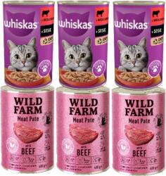 Whiskas WHISKAS Nedves macskaeledel 1+ marhahússal mártásban 3x400g + WILD FARM Pate marhahússal 3x400g