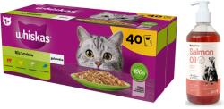 Whiskas WHISKAS Adult tasak 40 x 85 g Vegyes ízek - nedves eledel felnőtt macskáknak, zselében (darabokban: marhahús, csirke, lazac, tonhal) + LAB V lazacolaj kutyáknak és macskáknak 500ml