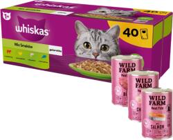 Whiskas WHISKAS Adult tasak 40 x 85 g Vegyes ízek - nedves eledel felnőtt macskáknak, zselében (darabokban: marhahús, csirke, lazac, tonhal) + WILD FARM Pate 3x400g
