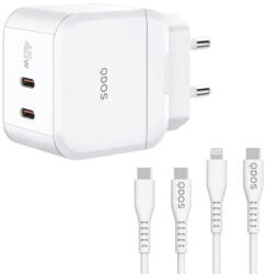 QDOS Bliszteres QDOS POWERCUBE TRIO 45W fehér hálózati töltő USB Type-C és Lightning adatkábellel 3A