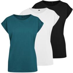 Build Your Brand Set de 3 tricouri pentru femei cu mâneci suflecate - Neagră / albă / teal | XS (BY021-3ks-black-whi-teal-XS)