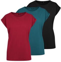 Build Your Brand Set de 3 tricouri pentru femei cu mâneci suflecate - Neagră / teal / vin | XS (BY021-3ks-black-teal-brg-XS)
