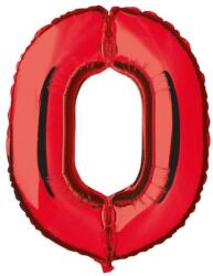  Metálpiros számokkal díszített fólia lufi, magassága 35 cm, születésnapra, 0-s modell
