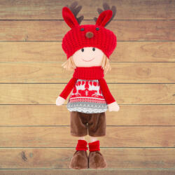 MagicHome MagicHome karácsonyi dekoráció, fiú, piros-szürke, sapkában, 42 cm