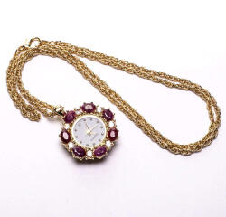  Aranyszínű Medál Óra és Nyaklánc Szett Rubinnal és Fehér Emporia Kristállyal, 60 cm, LGP0010