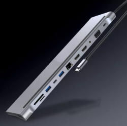 USB-C USB HUB 12 portos USB elosztó, dokkoló 2x USB-C, 2xHDMI, VGA, SD/microSD kártya olvasó, RJ-45 (Internet), 3, 5mm audio, 3db USB 3.0 portokkal