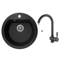 Laveo Dafne szemcsés fekete szett álló csappal, helytakarékos szifonnal (OPSRDA_780T)