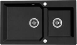Laveo MILOS 2M 90 kétmedencés gránit szemcsés fekete mosogató helytakarékos dugókiemelős szifonnal (OPSPM_7208)