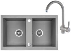 Laveo BARBADOS szürke kétmedencés szett álló csappal, dugókiemelős helytakarékos szifonnal (OPSRBA_520T)
