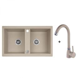 Laveo BARBADOS kétmedencés bézs szett álló csappal dugókiemelős helytakarékos szifonnal (OPSRBA_420T)