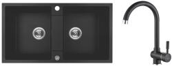 Laveo RIO 2M SZETT kétmedencés gránit fekete mosogató szifonnal, csappal, 80x44x18, 6 cm (OPSRF_720RL)