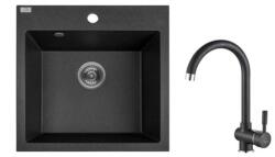 Laveo PAULO SZETT gránit egymedencés fekete mosogató csappal, szifonnal, 49x49x21, 4 cm (OPSRN_710PL)