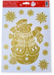  Karácsonyi ablakmatrica arany hóember és hópelyhek mintával - csillogó 20×30 cm (1206422)