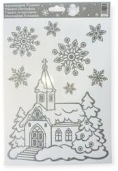  Csillogó ezüst hópelyhes karácsonyi ablakmatrica - templom motívummal 20×30 cm (1217141)