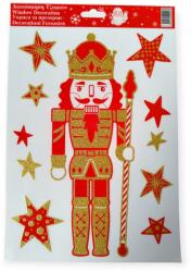 Karácsonyi dekoratív matricák - Diótörő és piros csillagok arany csillámmal 20x27 cm (1243379)