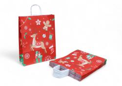 Szidibox Karton Sodrottfüles papírtáska, papírszatyor 32x41+12cm piros "rénszarvasos" karácsony (SZID-01531)
