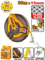 INGCO Ruleta cu banda de fibra 30m x 15mm, retragere rapida 3: 1, scala metrica si inch, INGCO HFMT1830 (HFMT1830)