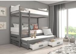 ADRK Háromszemélyes emeletes ágy Queen méretű matraccal 200x90, Grafitszürke, Fehér