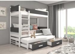 ADRK Háromszemélyes emeletes ágy Queen méretű matraccal 180x80, Fehér, Antrasztit