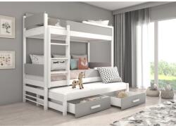 ADRK Háromszemélyes emeletes ágy Queen méretű matraccal 180x80, Fehér, Grafitszürke - sprintbutor