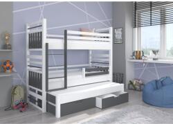 ADRK Háromszintes emeletes ágy matraccal HIPPO 180x80, Fehér, Grafitszürke
