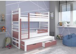 ADRK Háromszintes emeletes ágy matraccal HIPPO 180x80, Fehér, Rózsaszín - sprintbutor