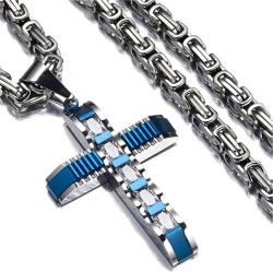 HARAHU DJ-38731 férfi nyaklánc kereszttel - Kék / Ezüst / 60cm KP38731