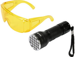 TOYA set lanterna led uv si ochelari (ochelari de protecţie Sursa de lumina: 21 LED Fluxul luminos: 255 lm Lungimea de undă a luminii UV: 395 nm Height: 48 Weight: 0.18 Lungime: 48 Width: 35 Material: alum