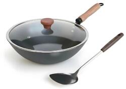 M-Cooker Wok clasic din otel carbon, în set cu capac de sticlă, spatulă metal