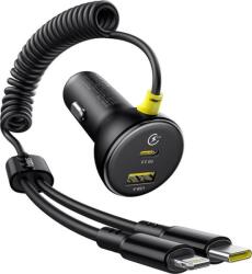Baseus Circular Autós Töltő 1xUSB-A és 1xUSB-C Csatlakozással + Rögzített Type-C és Lightning Kábel 60W - Fekete (6932172677183) (6932172677183)