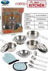 Triton Konyhai Edénykészlet Gyerekeknek, 13 Db, Fém, Eszközökkel És Köténnyel, Tarka (ZDZ. 668-E3) (ZDZ.668-E3)