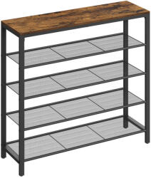 VASAGLE Ipari Stílusú Cipőtároló Állvány 4 Hálós Polccal Rusztikus Barna-Fekete