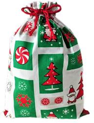  Tartós Textil Télapó zsák - Ajándék tasak / Piros - zöld Képeslap mintás - 25 x 35 cm