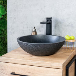 Laveo AMBER kerek gránit mosdó túlfolyó nélkül, fekete