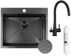 Laveo MALAWI fekete színű, struktúrált felületű beépíthető inox mosogató szifonnal, RIVECO vízszűrős szettel, 50x58x20 cm (SLMA_710F) - mosibolt