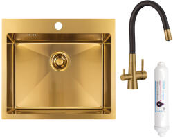 Laveo MALAWI arany színű beépíthető inox mosogató szifonnal, RIVECO vízszűrős szettel, 50x58x20 cm (SLMA_G10F) - mosibolt
