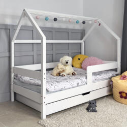 TODI Házikóágy 180×90 cm, original tetővel, classic leesésgátlóval, ágyneműtartóval, fehér színben