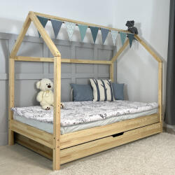 TODI Házikóágy 180×90 cm, original tetővel, leesésgátló nélkül, ágyneműtartóval, lakkozott fenyő színben