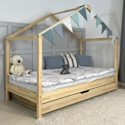 TODI Házikóágy 180×90 cm, long tetővel, leesésgátló nélkül, ágyneműtartóval, lakkozott fenyő színben