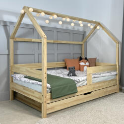 TODI Házikóágy 180×90 cm, original tetővel, classic leesésgátlóval, ágyneműtartóval, festésre előkészített felülettel