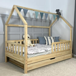 TODI Házikóágy 180×90 cm, original tetővel, star leesésgátlóval, ágyneműtartóval, festésre előkészített felülettel