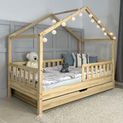 TODI Házikóágy 180×90 cm, long tetővel, star leesésgátlóval, ágyneműtartóval, lakkozott fenyő színben