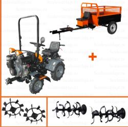 Evotools Motocultor Ride-On 4x4 R1200, Evotools PLUS, Motor Diesel KAMA, Pornire Electrica 12 CP, Freze si roti metalice incluse + Remorca RURIS 550S, capacitate 500 kg, ulei (681943+550s2021)