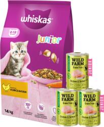 Whiskas WHISKAS Száraz eledel junior cicáknak csirkével 14 kg + WILD FARM Prémium gabonamentes csirke és lazac 3x400 g