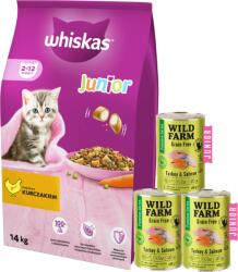 Whiskas WHISKAS Száraz Eledel Kiscicáknak Junior Csirkével 14kg + WILD FARM Prémium Gabonamentes Pulyka és Lazac 3x400g