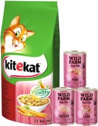 Kitekat KITEKAT Száraz macskaeledel marhahússal és zöldségekkel 12kg + 3x400 WILD FARM mix