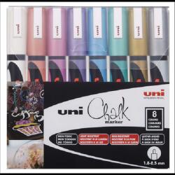 uni Folyékony krétamarkerkészlet 8db/csomag UNI PWE-5M 1, 8-2, 5mm hegy fehér, ezüst, arany + metál színek